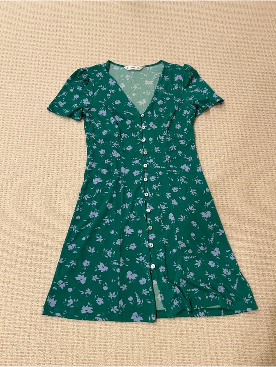 Mango Dresses & Skirts - Mango Green with purple florals V-Neck button down mini Dress